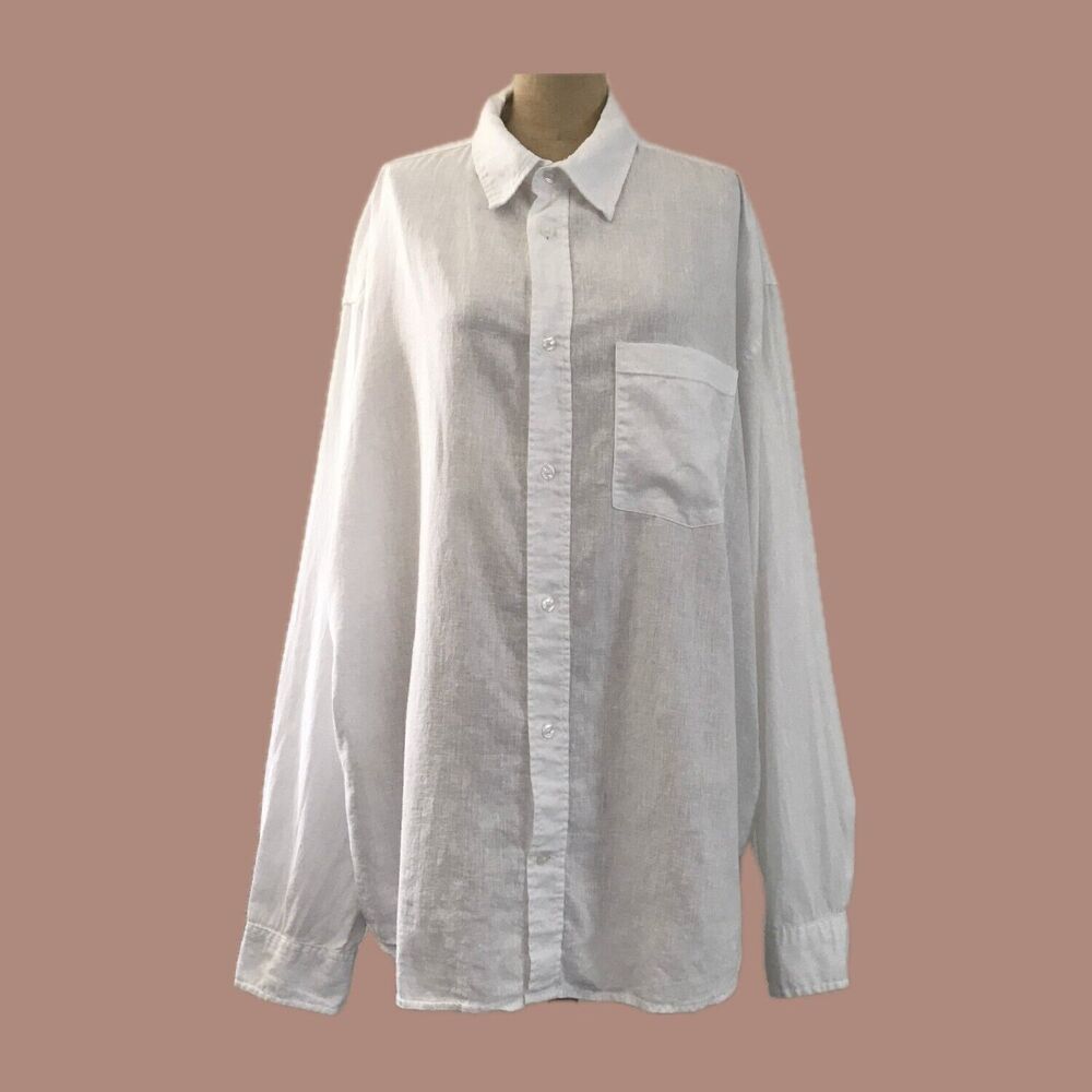 H&M White Linen Cotton Loose Fit Long Sleeve Collared Top Shirt NWOT - XXL